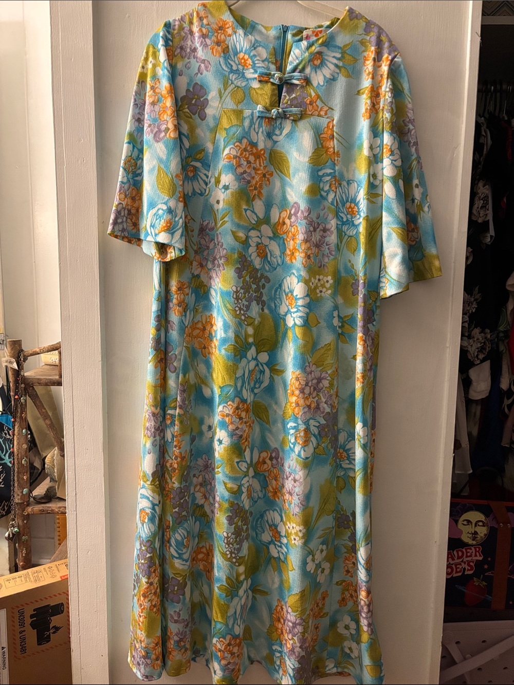 Vintage Sears Hawaiian Light Blue polyester Floral Maxi Dress